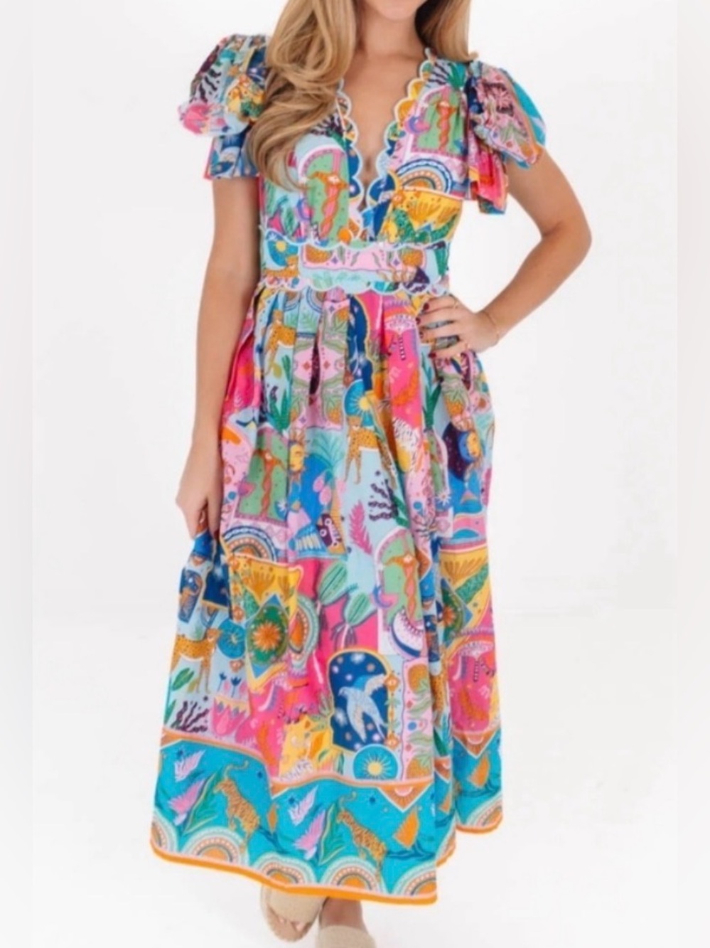 Vibrant Multicolor Scallop-Trim Maxi Dress